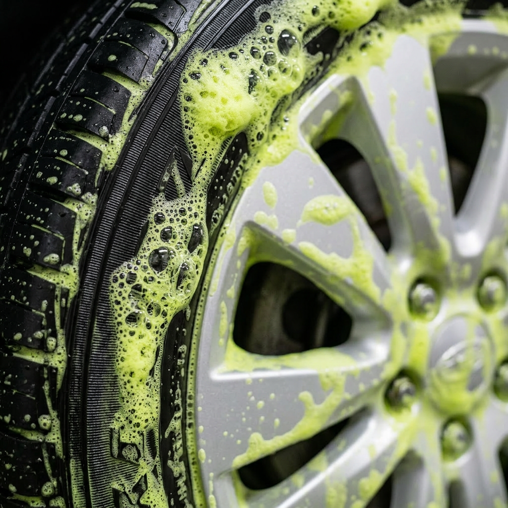 Green car wash presoak foam cover tire and wheel